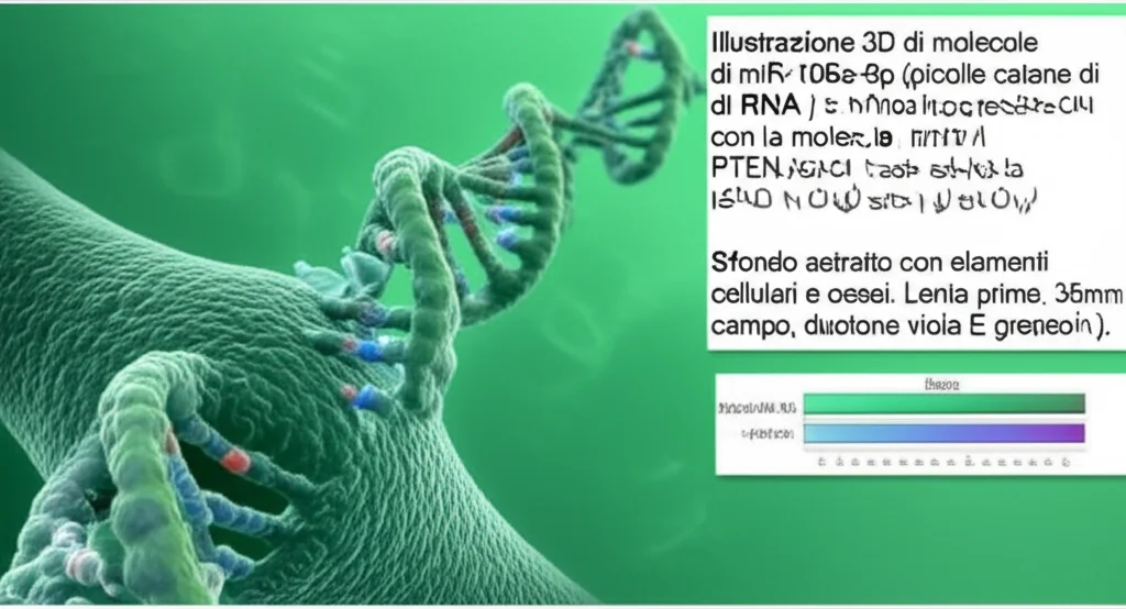 Illustrazione 3D di molecole di miR-106a-5p (piccole catene di RNA) che interagiscono con la molecola di mRNA di PTEN, impedendone la traduzione in proteina. Sfondo astratto con elementi cellulari e ossei. Lente prime, 35mm, profondità di campo, duotone viola e verde.
