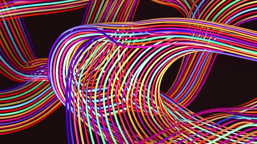 Simulazione 3D astratta che mostra un nanostrato tra due pareti. Linee di flusso colorate (rappresentanti il calore/fononi) si muovono attraverso lo strato. Alcune linee 'scivolano' lungo le pareti, con l'intensità dello scivolamento che varia, indicando condizioni al contorno non lineari. Lente prime, 35mm, depth of field, con colori caldi (rosso, arancione) per il flusso intenso e freddi (blu) per le pareti.