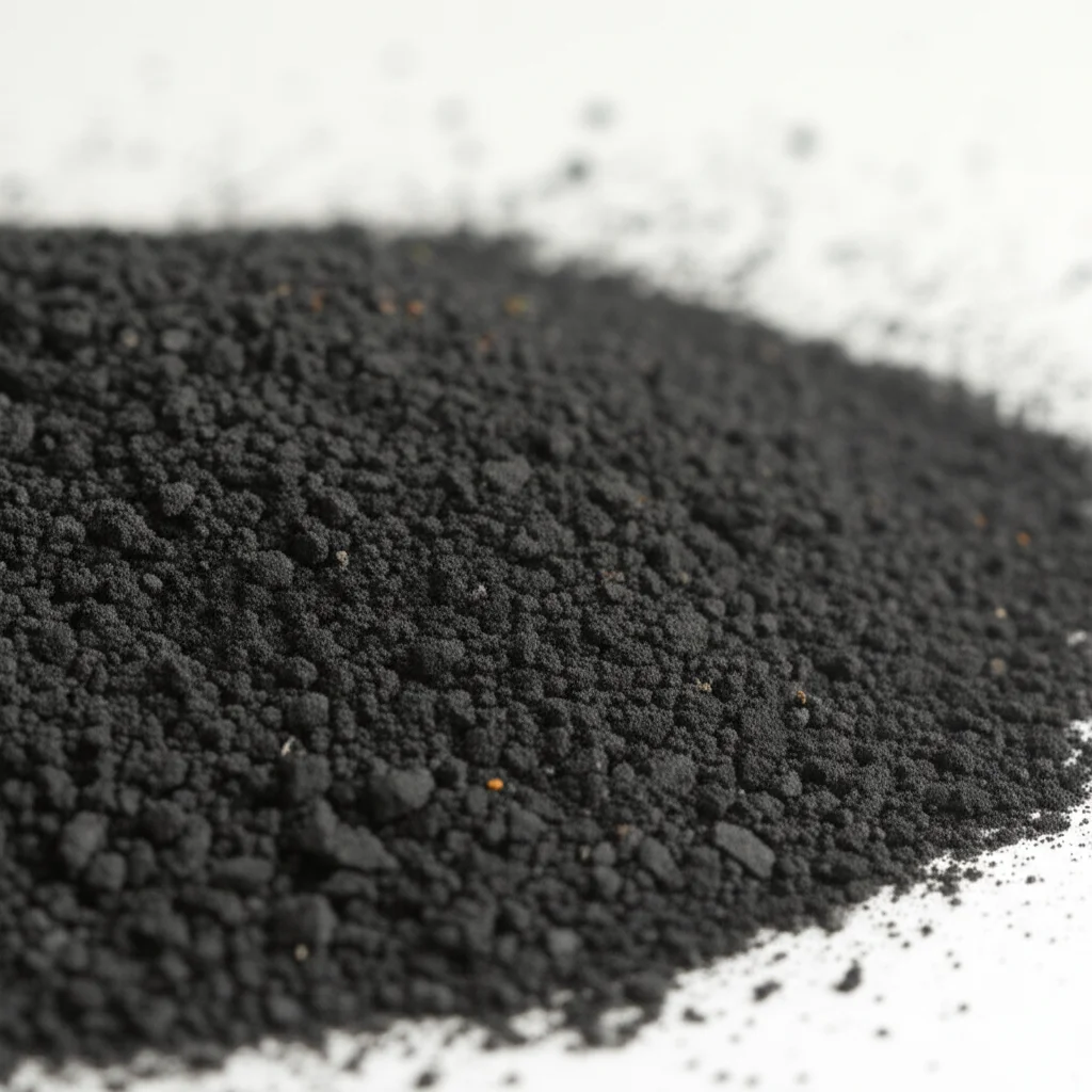 Macro fotografia di gusci di nocciola frantumati accanto a un mucchietto di biochar nero finemente macinato e poroso, su una superficie da laboratorio. Illuminazione da studio controllata per evidenziare la texture e i dettagli dei materiali, obiettivo macro 100mm, alta definizione dei dettagli, sfondo neutro.