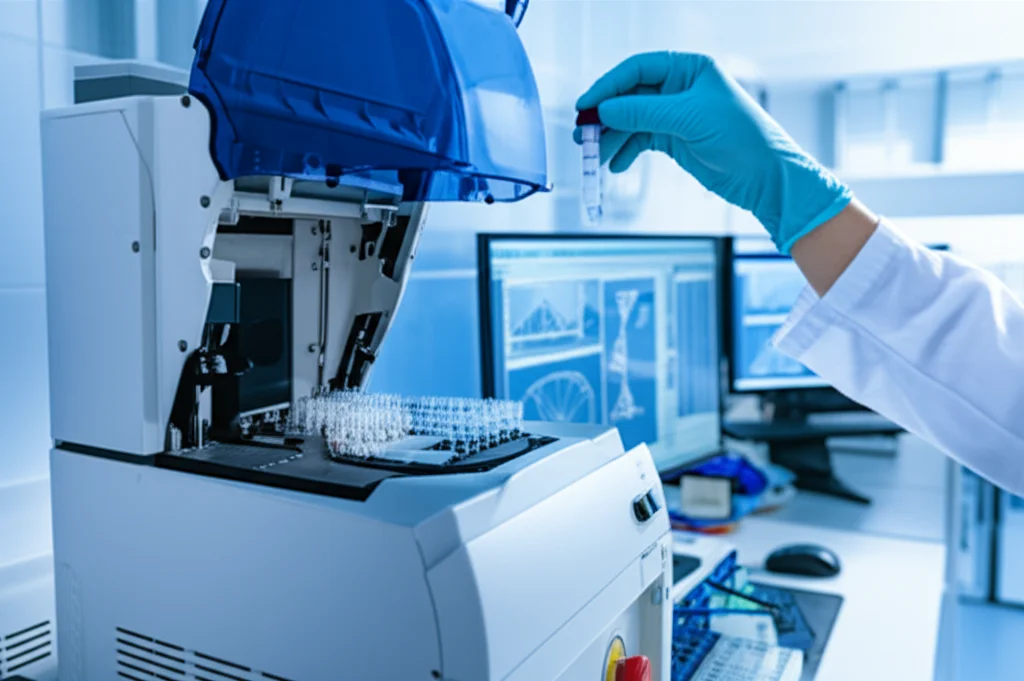 Fotografia di un laboratorio di diagnostica molecolare moderno e luminoso. In primo piano, una mano guantata inserisce una provetta in un analizzatore PCR automatizzato. Sullo sfondo, schermi mostrano grafici di dati genetici. Obiettivo macro, 60mm, alta definizione, illuminazione controllata per enfatizzare la tecnologia.