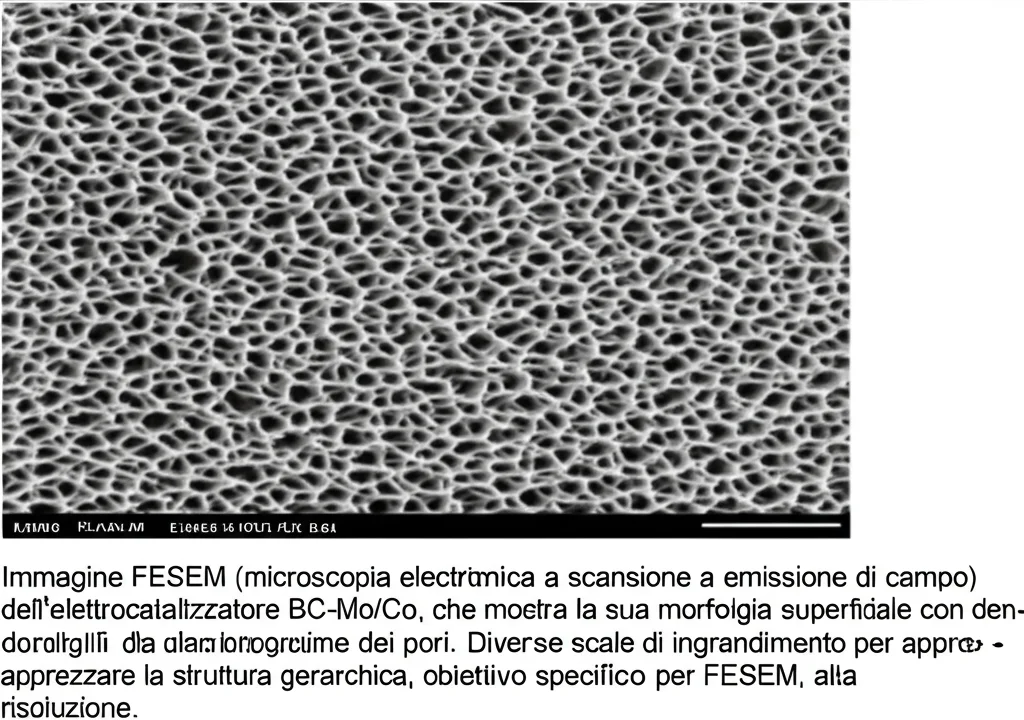 Immagine FESEM (microscopia elettronica a scansione a emissione di campo) dell'elettrocatalizzatore BC-Mo/Co, che mostra la sua morfologia superficiale con dettagli di nano-irregolarità e la distribuzione dei pori. Diverse scale di ingrandimento per apprezzare la struttura gerarchica, obiettivo specifico per FESEM, alta risoluzione.