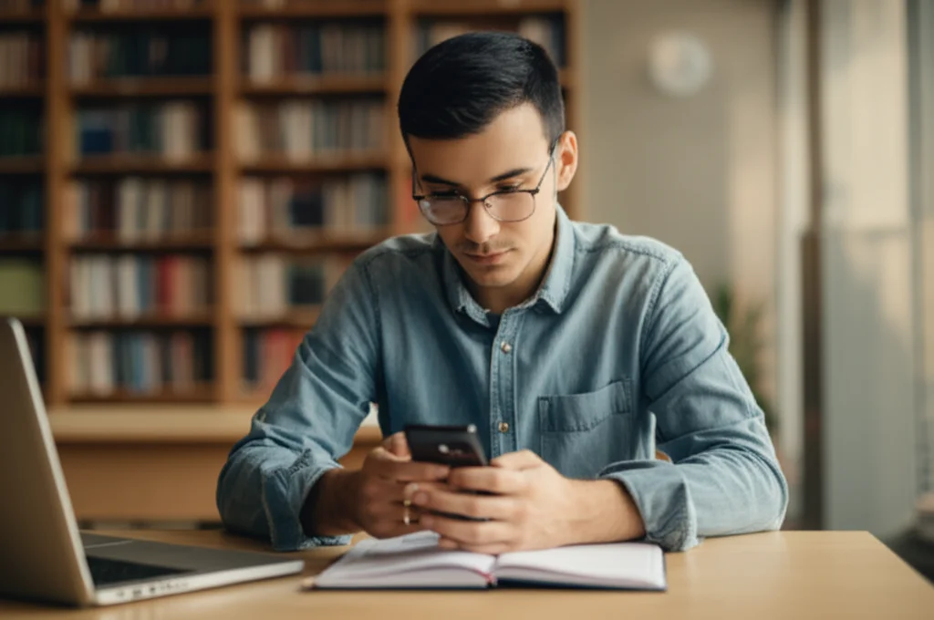 Ritratto di uno studente universitario, circa 22 anni, seduto a una scrivania in una biblioteca moderna. Sta guardando con discrezione il suo smartphone, dove si intravede un'interfaccia grafica con un messaggio di esito negativo di un test. Luce naturale dalla finestra. Obiettivo da ritratto 35mm, profondità di campo per sfocare leggermente lo sfondo, toni caldi e rassicuranti.