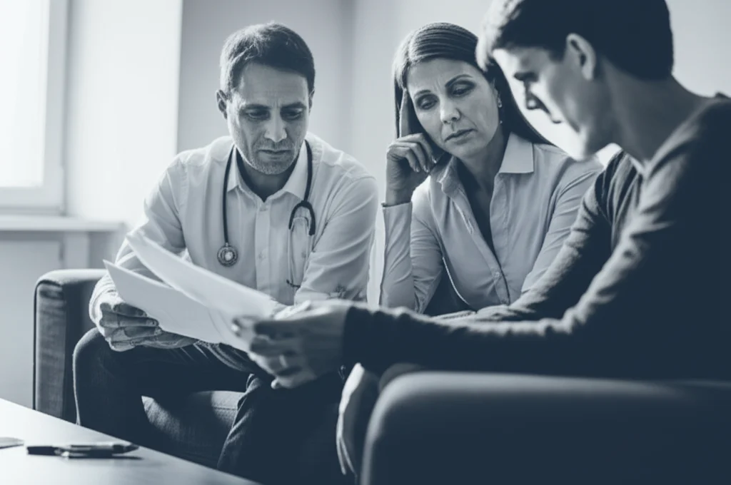 Ritratto emotivo di genitori seduti su un divano in un salotto accogliente ma con un'aria di preoccupazione, mentre guardano dei documenti medici. Luce naturale soffusa dalla finestra, prime lens 35mm, depth of field, duotone blu e grigio per trasmettere serietà e resilienza.