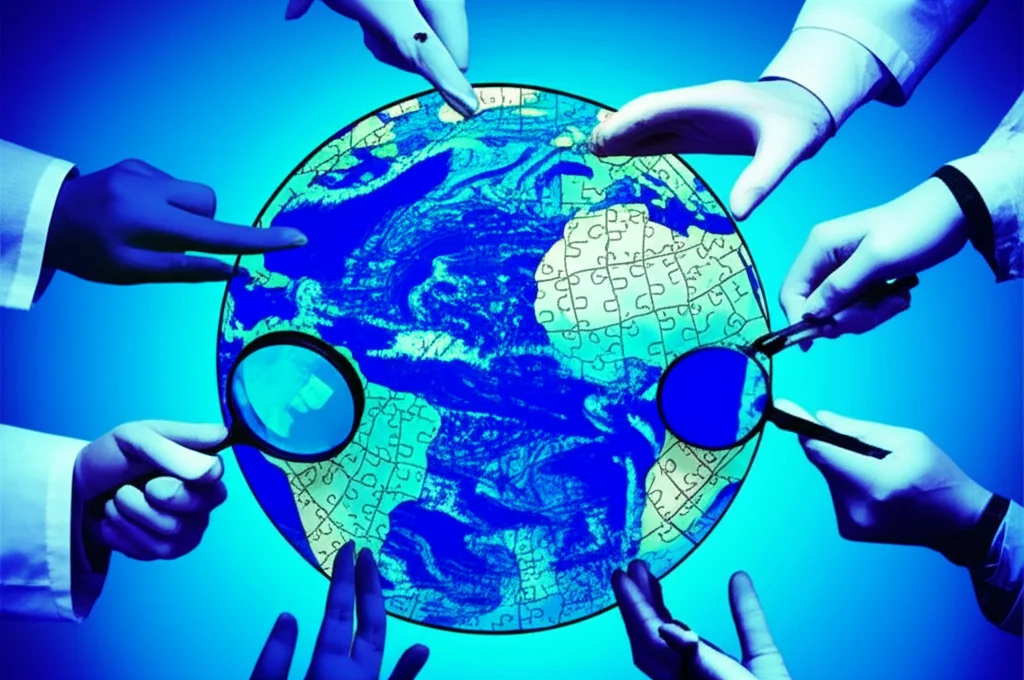 Un'immagine concettuale che simboleggia la ricerca transdisciplinare: diverse mani, ognuna rappresentante una diversa disciplina scientifica (es. una con guanti da laboratorio, una che tiene una lente, una che digita su un tablet con dati satellitari), che collaborano per assemblare un puzzle tridimensionale a forma di Terra. Illuminazione da studio controllata, obiettivo da 35mm, effetto duotone blu e verde per un look moderno e scientifico.