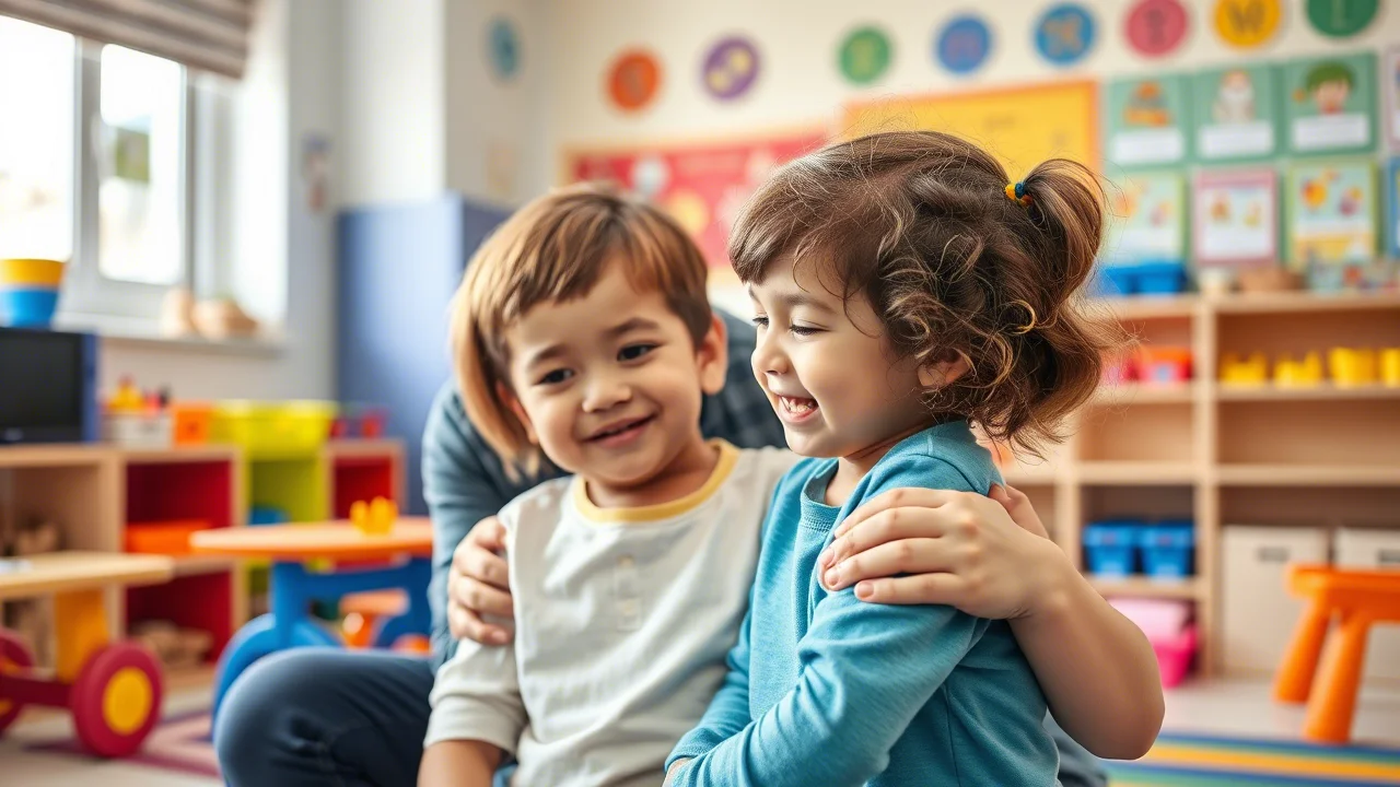 Un bambino con difficoltà motorie è assistito da un terapista in una stanza colorata e attrezzata di una scuola specializzata. Telephoto zoom 100mm, focus sull'interazione positiva e il supporto, luce brillante e accogliente.
