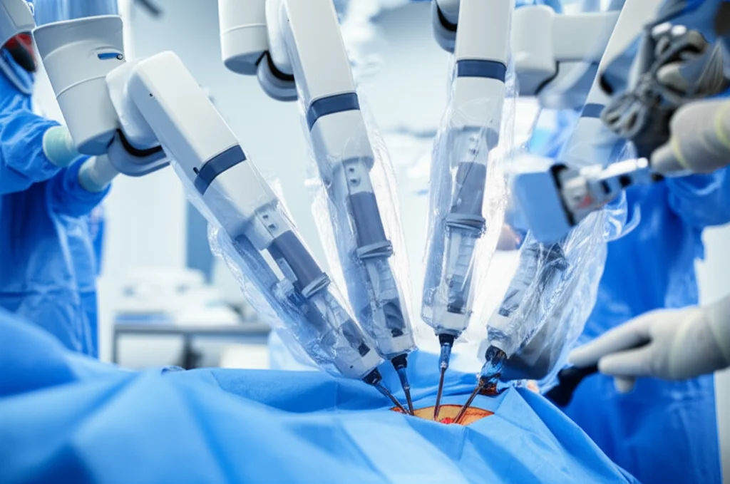 Fotografia di un braccio robotico chirurgico in azione durante un intervento al pancreas, con focus sui delicati strumenti, illuminazione controllata da sala operatoria, obiettivo macro da 90mm per evidenziare l'alta precisione dei movimenti, sfondo leggermente sfocato per concentrare l'attenzione.