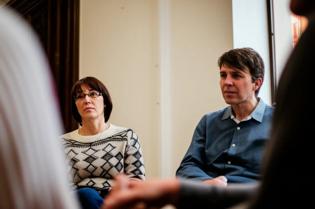 Un gruppo di genitori seduti in cerchio durante un incontro di supporto, si scambiano sguardi di comprensione e conforto. Grandangolo 24mm, luce calda e soffusa, depth of field per mettere a fuoco un paio di volti espressivi, atmosfera di solidarietà.