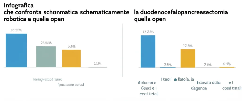 Infografica che confronta schematicamente la duodenocefalopancreasectomia robotica e quella open, evidenziando con icone e brevi testi i tassi di fistola, la durata della degenza e i costi totali. Stile pulito e moderno, colori contrastanti per una facile lettura, obiettivo da 50mm per una prospettiva naturale.