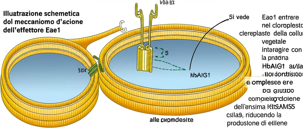 Illustrazione schematica del meccanismo d'azione dell'effettore Eae1. Si vede Eae1 entrare nel cloroplasto della cellula vegetale, interagire con la proteina HbAIG1 sulla membrana del cloroplasto, e questo complesso che porta alla degradazione dell'enzima HbSAMS5, riducendo la produzione di etilene. Stile grafico chiaro e informativo, con etichette per le proteine e i compartimenti cellulari.