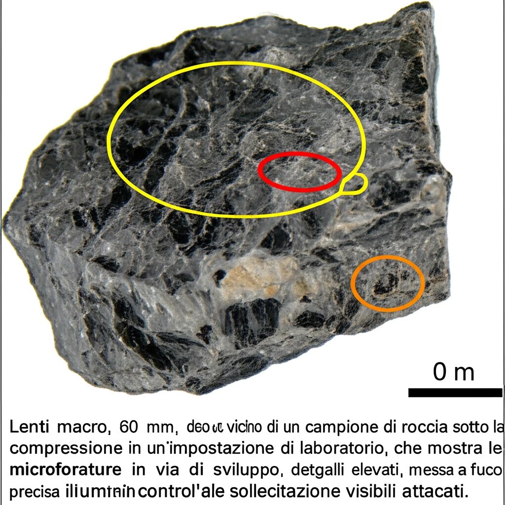 Lenti macro, 60 mm, colpo vicino di un campione di roccia sotto la compressione in un'impostazione di laboratorio, che mostra le microforature in via di sviluppo, dettagli elevati, messa a fuoco precisa, illuminazione controllata, con indicatori di sollecitazione visibili attaccati.