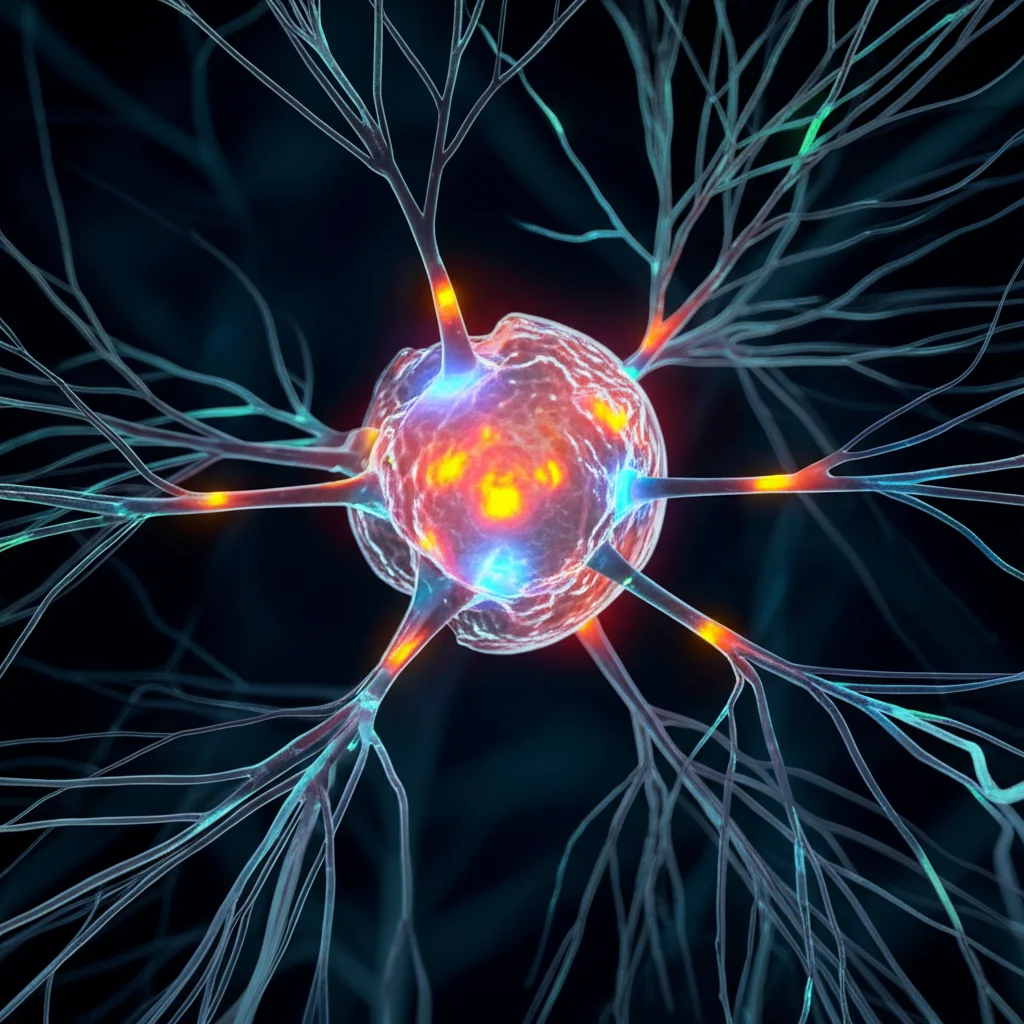 Visualizzazione 3D fotorealistica della microstruttura corticale del cervello, con neuriti e dendriti illuminati, macro lens 100mm, alta definizione dei dettagli delle fibre, illuminazione controllata per evidenziare le alterazioni nella Demenza a Corpi di Lewy, sfondo scuro per contrasto.