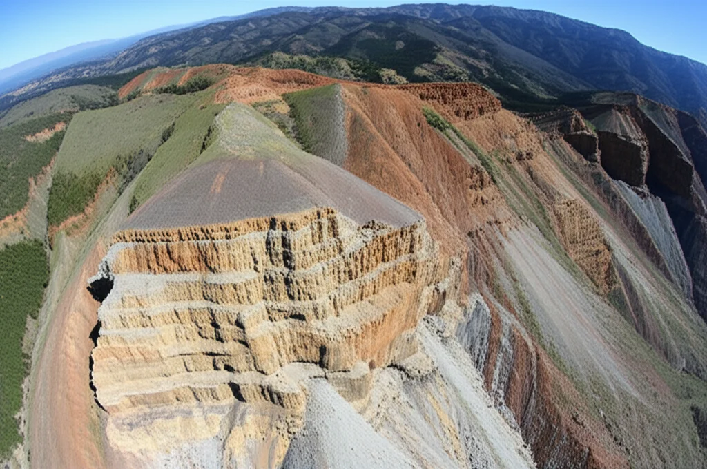 Grande angolo, 10-24 mm, fotografia paesaggistica di una vasta zona di faglia geologica da una prospettiva aerea, che mostra un chiaro spostamento degli strati di roccia, una lunga esposizione per un effetto nuvoloso regolare, una forte attenzione alle caratteristiche tettoniche.