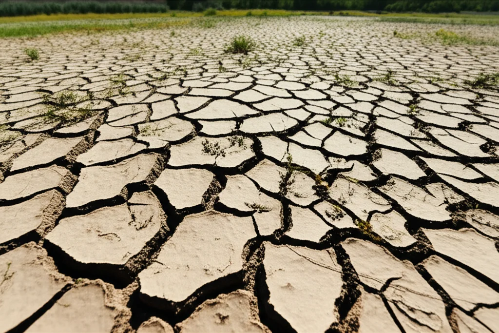 Un campo agricolo nel bacino dell'Alto Sakarya che mostra segni di stress idrico, con terreno secco e screpolato e vegetazione rada. Macro lens, 100mm, high detail, precise focusing, per catturare la texture del terreno e lo stato della vegetazione.