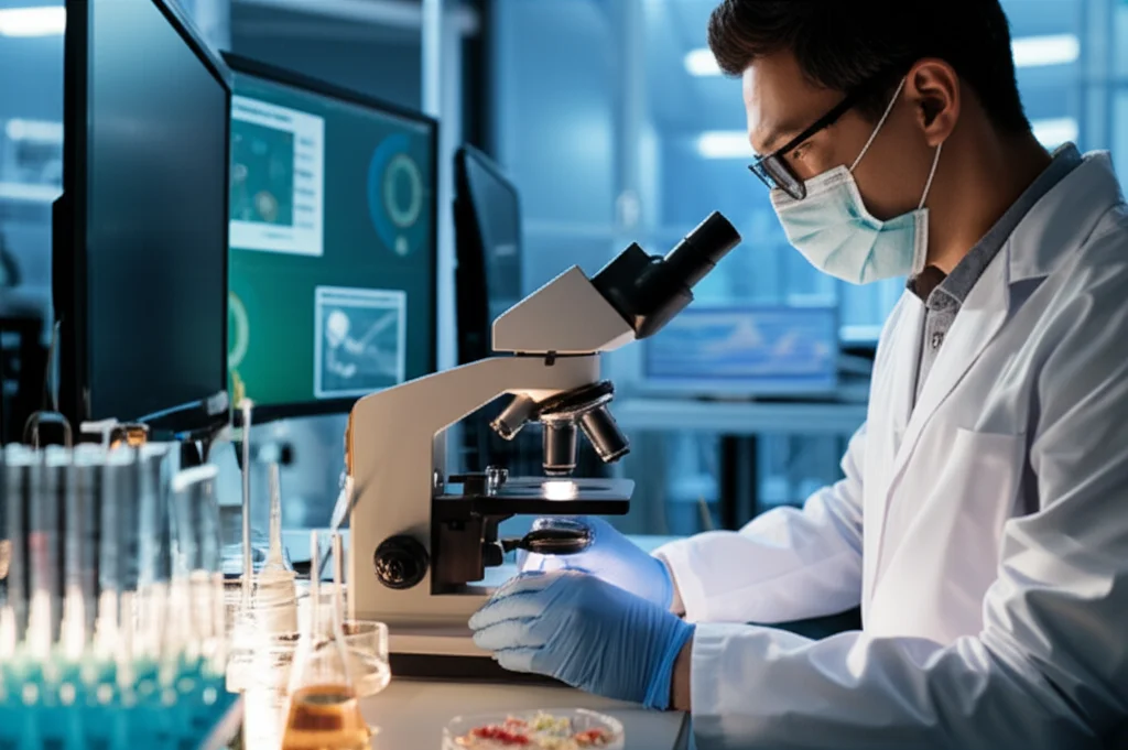 Un ricercatore in camice bianco osserva attentamente una piastra di Petri contenente colture cellulari di melanoma sotto un microscopio in un laboratorio di ricerca avanzato. Sullo sfondo, schermi mostrano dati genomici e molecolari. Obiettivo prime 35mm, profondità di campo, illuminazione da laboratorio chiara e precisa.