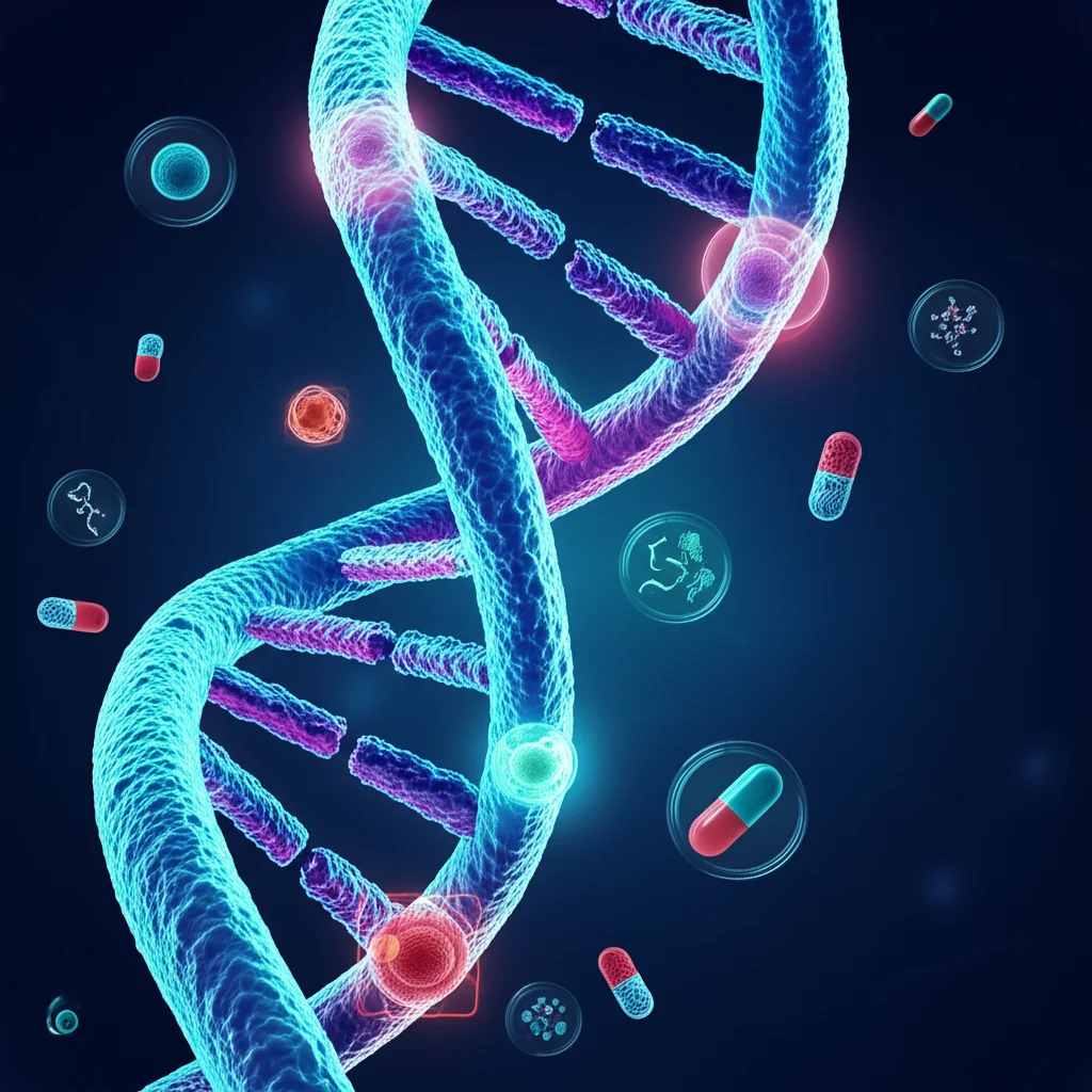 Illustrazione concettuale della medicina di precisione: una doppia elica di DNA stilizzata che si trasforma in un percorso personalizzato di trattamento per un paziente con melanoma, con icone di farmaci e cellule immunitarie. Obiettivo prime 50mm, colori vivaci e futuristici, alta definizione.