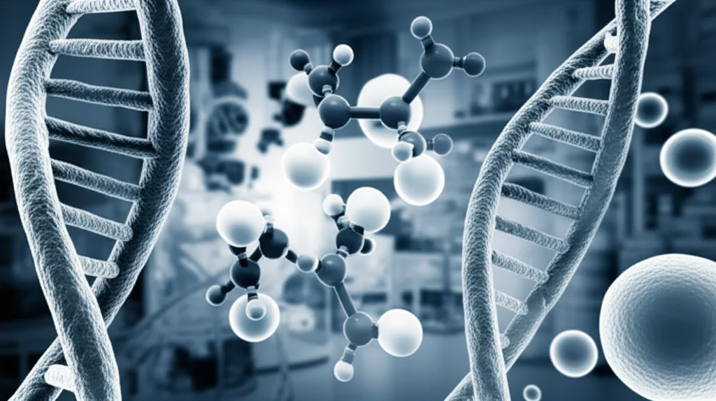 Una visualizzazione concettuale della randomizzazione mendeliana applicata alla ricerca sul cancro ovarico. Si vedono filamenti di DNA stilizzati che si collegano a molecole di lipidi e a cellule ovariche, il tutto su uno sfondo di laboratorio high-tech. Obiettivo prime, 35mm, profondità di campo, toni blu e grigi duotone.