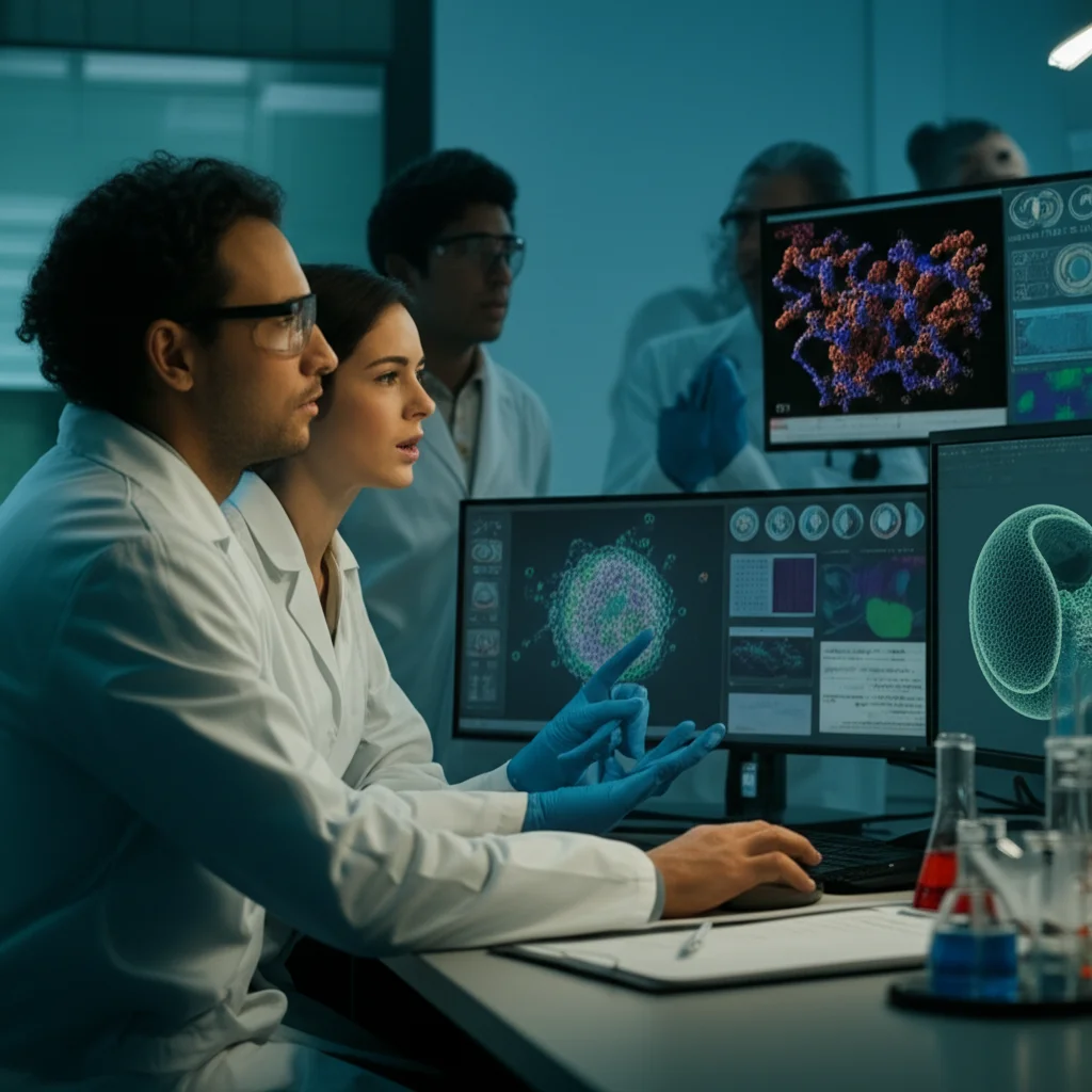 Un team di scienziati in un laboratorio moderno che discute animatamente davanti a schermi che mostrano dati genomici e strutture molecolari di lipidi. Obiettivo zoom, 24-70mm, luce da studio, atmosfera di collaborazione e scoperta.