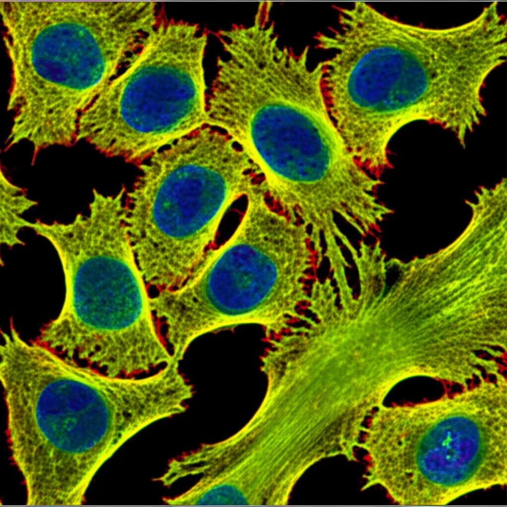 Immagine macro altamente dettagliata di una coltura cellulare di condrosarcoma in una piastra di Petri, con alcune cellule che mostrano telomeri fluorescenti allungati (ALT-positivi) e altre no. Illuminazione da microscopio a fluorescenza, con colori vivaci che evidenziano le strutture cellulari. Lens type: Macro, Focal lengths: 100mm, Additional details: High detail, precise focusing, controlled lighting, effetto bokeh sullo sfondo.