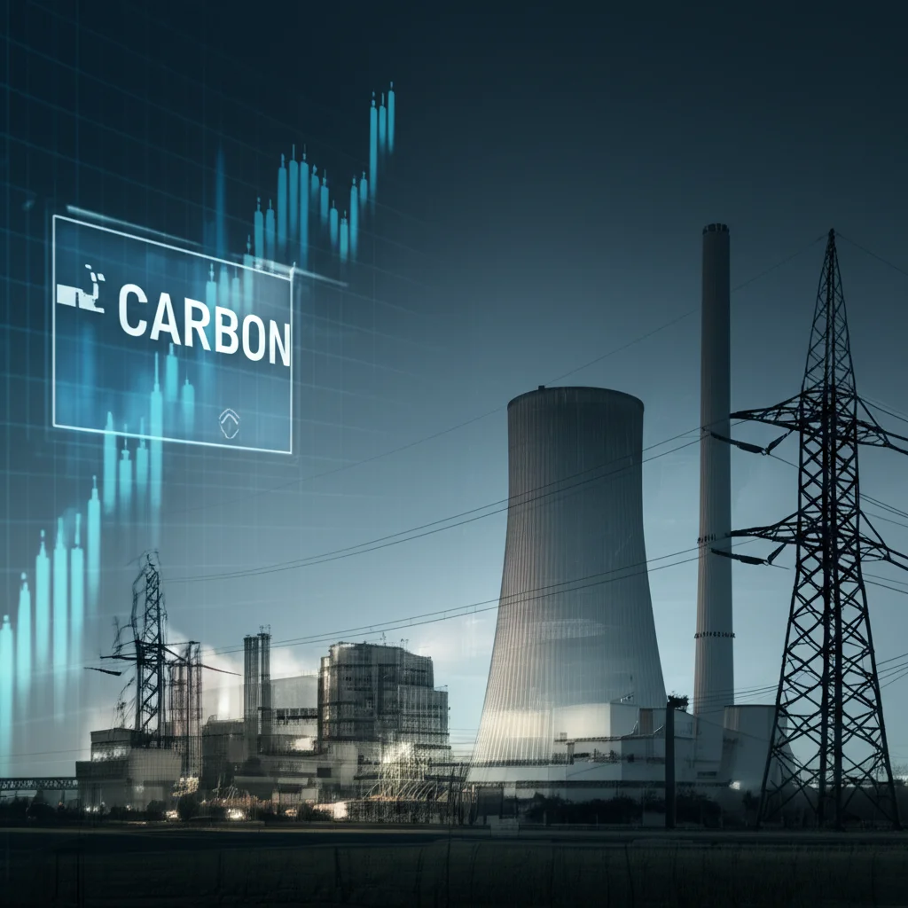 Immagine fotorealistica di una moderna centrale elettrica a carbone accanto a un display digitale che mostra grafici fluttuanti di crediti di carbonio, con un leggero effetto duotone blu e grigio, obiettivo da 35mm, profondità di campo, illuminazione controllata.