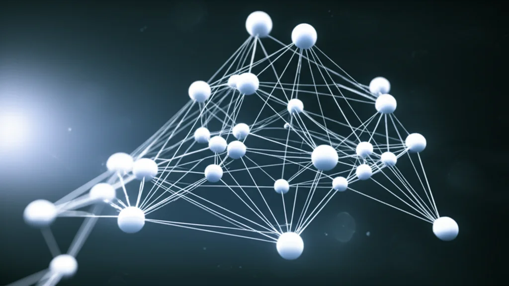Visualizzazione artistica di un network di interazione proteina-proteina (PPI) relativo alla firma genetica SIG100, con nodi colorati che rappresentano i geni e linee che indicano le interazioni. Lo sfondo è scuro per far risaltare il network. Lens type: Prime, Focal lengths: 35mm, Additional details: Depth of field, duotone blu e grigio, illuminazione high-tech.