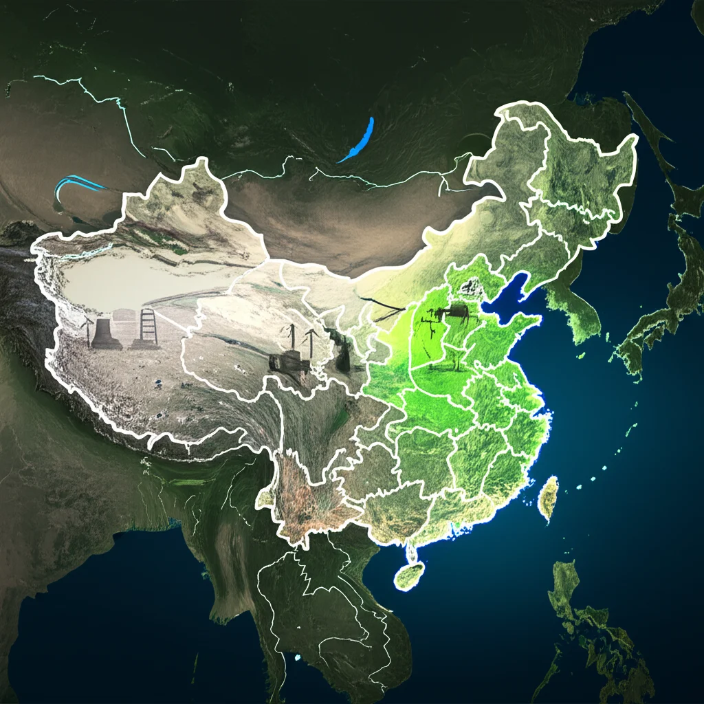 Foto aerea grandangolare 10mm di una mappa stilizzata della Cina con regioni pilota illuminate e frecce che indicano il potenziale 'carbon leakage' verso aree non pilota, sovrapposte a simboli di energia e industria, illuminazione controllata, focus nitido, effetto leggermente desaturato.