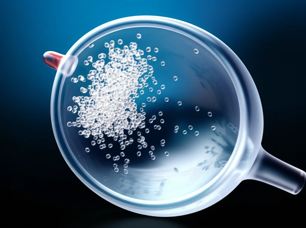 Lenti macro, 60 mm, dettagli elevati, messa a fuoco precisa, illuminazione controllata, che mostra una rappresentazione stilizzata di frammenti di plastica trasparenti che ricordano le molecole BPA sottilmente sparse attorno a un modello delicato e traslucido di una vescica umana, suggerendo un'esposizione ambientale.