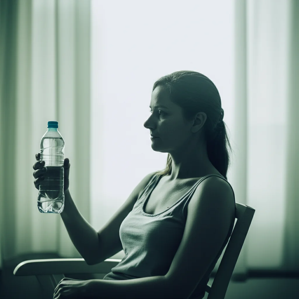 Lence Prime, 35 mm, profondità di campo, duotone (verde acqua e ambra), raffigurante una donna ponderata che guarda una bottiglia d'acqua di plastica in mano, con una sottile sfocatura di sfondo che suggerisce un ambiente domestico, che simboleggia l'esposizione quotidiana a BPA.