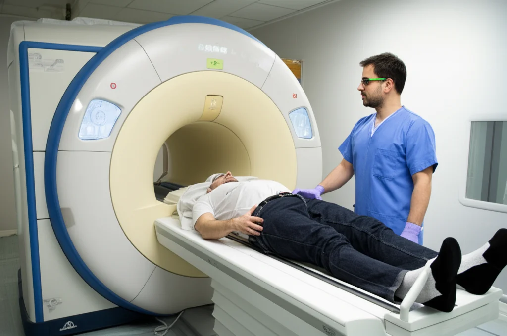 Fotografia di un tecnico di radiologia che posiziona un paziente per una scansione MRI 3.0T del fegato, obiettivo 35mm, luce ambientale della sala MRI, per illustrare il contesto clinico dell'esame BOLD.