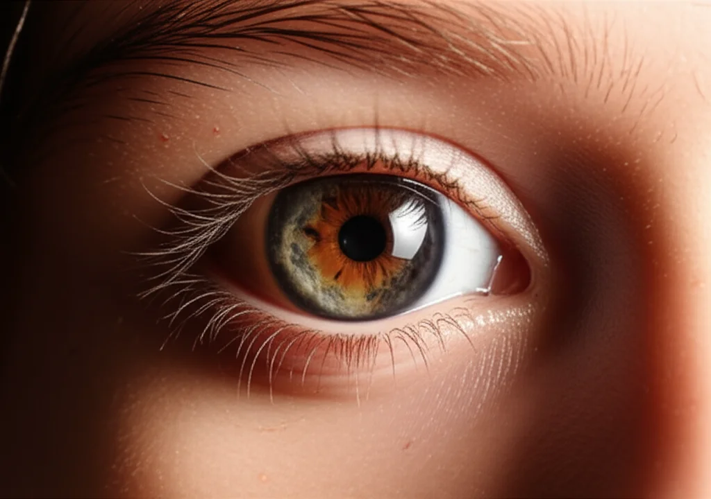 Primo piano dell'occhio di un bambino con lievi segni di irritazione sulla palpebra, illuminazione controllata per evidenziare il film lacrimale, scattata con un obiettivo macro da 90mm per un'elevata profondità di campo e dettaglio.