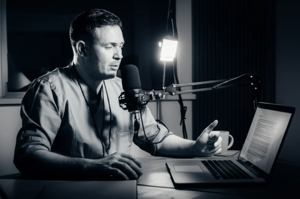 Un medico registra un podcast educativo nel suo studio moderno e ben illuminato, parlando in un microfono professionale collegato a un laptop. Prime lens, 24mm, Film noir style con illuminazione drammatica ma chiara sul soggetto, Depth of field.