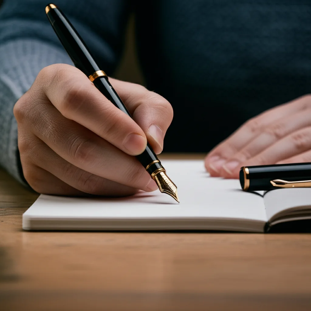 Un primo piano di una persona che scrive pensierosa su un quaderno con una penna stilografica, illuminazione da studio controllata, obiettivo macro da 90mm per dettagli nitidi sulla texture della carta e sulla punta della penna.