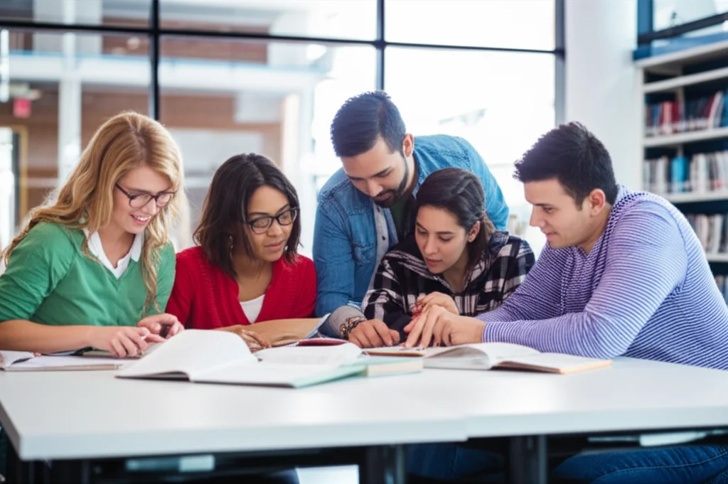 Fotografia di un gruppo eterogeneo di studenti universitari che collaborano attorno a un tavolo in una biblioteca moderna e luminosa, obiettivo prime da 35mm, profondità di campo per mettere a fuoco il gruppo centrale.