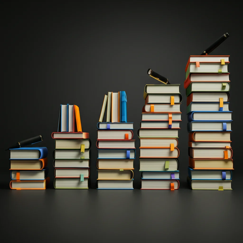 Un grafico stilizzato che mostra tre barre di crescita ascendente di diverse altezze, rappresentanti i progressi, con icone di libri e penne, obiettivo macro da 60mm, alta definizione, illuminazione controllata.