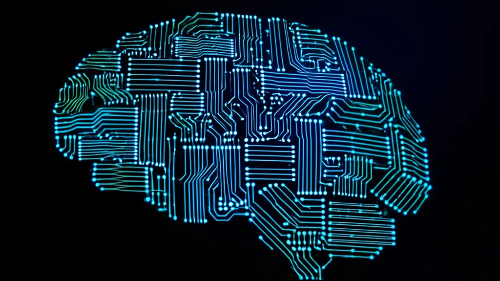 Un cervello stilizzato fatto di circuiti luminosi, con alcune connessioni che si 'conformano' a un pattern dominante, mentre altre cercano di resistere. Illuminazione da studio controllata, lente macro 90mm, alta definizione per evidenziare i dettagli dei circuiti.