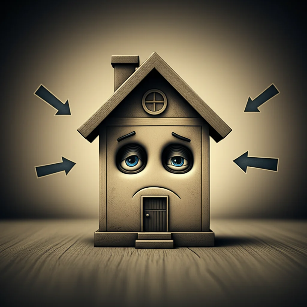 Un disegno infantile stilizzato di una casa, analizzato da un occhio robotico con un'espressione perplessa, circondato da frecce che indicano opinioni contrastanti. Luce soffusa, quasi da interrogatorio, lente prime 35mm, effetto duotone seppia e blu scuro per accentuare l'incertezza.