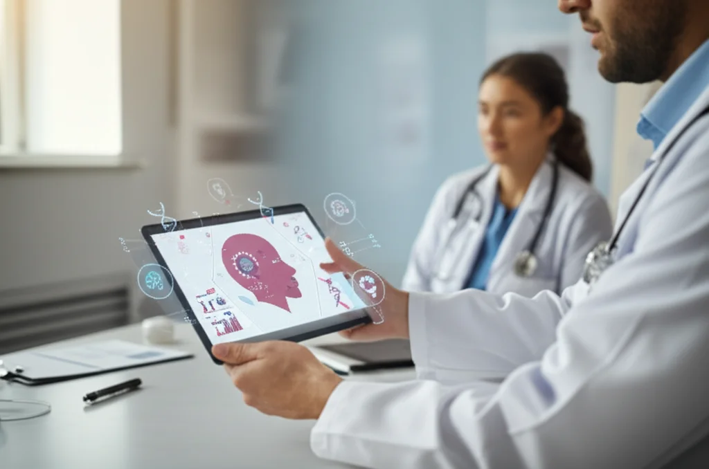 Un medico e una paziente discutono davanti a un tablet che mostra un profilo di rischio genetico personalizzato per il cancro endometriale, con grafici e icone di SNP. L'ambiente è uno studio medico moderno e luminoso. Obiettivo prime, 50mm, profondità di campo ridotta per focalizzare sui volti e sul tablet, luce naturale soffusa, colori caldi e rassicuranti.