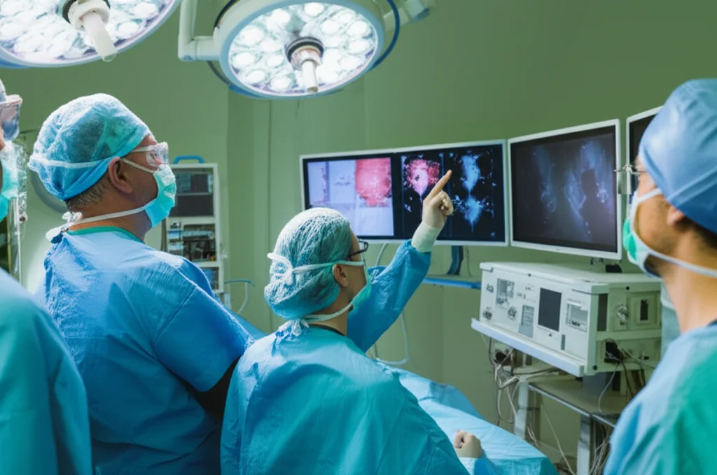 Fotografia di un team medico in una sala di radiologia interventistica, che esamina attentamente immagini di angiografia epatica su monitor ad alta definizione durante una procedura BOAI-TACE. L'ambiente è sterile e tecnologicamente avanzato, con luci chirurgiche focalizzate sull'area di lavoro. Obiettivo prime 35mm, profondità di campo per mantenere a fuoco il team e i monitor, sfocando leggermente lo sfondo per concentrare l'attenzione.