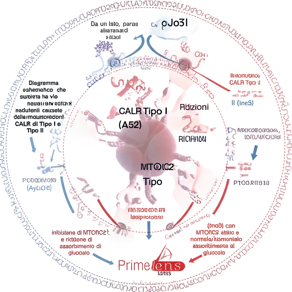Diagramma schematico che illustra le due vie di segnalazione cellulare divergenti causate dalle mutazioni CALR di Tipo I e Tipo II. Da un lato, CALR Tipo I (∆52) che porta all'aumento di c-JUN, riduzione di RICTOR, inibizione di mTORC2 e ridotto assorbimento di glucosio. Dall'altro, CALR Tipo II (ins5) con mTORC2 attivo e normale/aumentato assorbimento di glucosio. Prime lens, 35mm, duotone blu e rosso per differenziare le vie, depth of field.