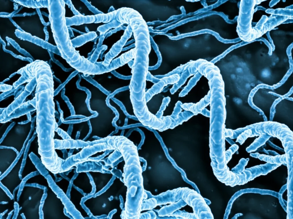 Immagine macro ad alta definizione di filamenti di DNA danneggiati all'interno di una cellula tumorale del colon-retto, con illuminazione controllata per evidenziare le rotture, obiettivo macro 100mm, bianco e nero con toni di blu, profondità di campo.
