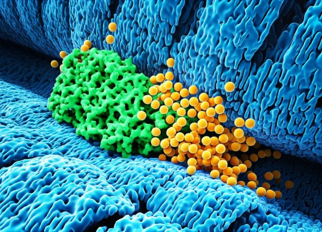 Visualizzazione 3D di una molecola di STING (verde brillante) intrappolata nel reticolo endoplasmatico (struttura a rete bluastra) da molecole di colesterolo (sfere gialle), all'interno di una cellula cancerosa, con dettagli precisi e illuminazione drammatica che enfatizza il blocco, obiettivo macro 60mm, alta definizione.