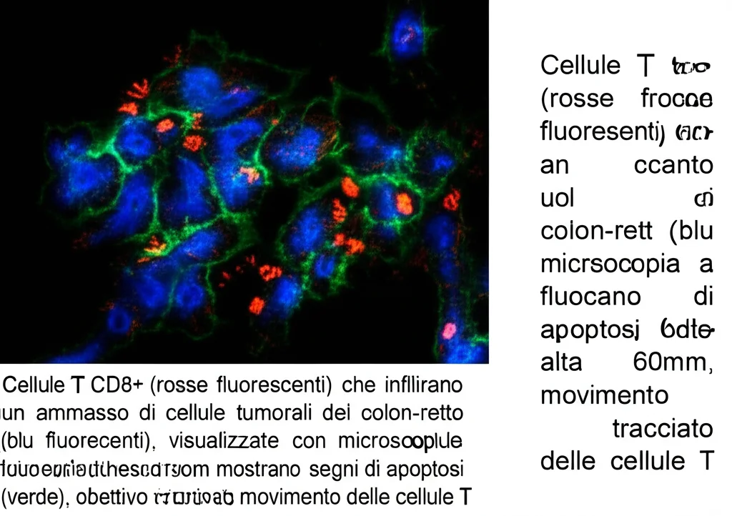 Cellule T CD8+ (rosse fluorescenti) che infiltrano attivamente un ammasso di cellule tumorali del colon-retto (blu fluorescenti), visualizzate con microscopia a fluorescenza, con alcune cellule tumorali che mostrano segni di apoptosi (verde), obiettivo 60mm, alta definizione, movimento tracciato delle cellule T.