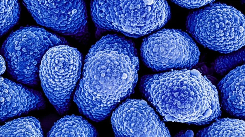 Immagine macro di cellule tumorali polmonari con mutazione KRAS G12C, visualizzate al microscopio elettronico, con un focus preciso sui dettagli subcellulari, illuminazione controllata per evidenziare le strutture. Obiettivo macro 60mm, alta definizione.