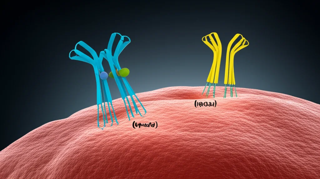 Visualizzazione concettuale della doppia inibizione: due molecole farmacologiche (una per KRAS, una per mTOR) che convergono su una cellula tumorale stilizzata. Sfondo scuro con dettagli luminosi che evidenziano i target. Obiettivo prime 35mm, profondità di campo per isolare l'interazione, illuminazione drammatica.