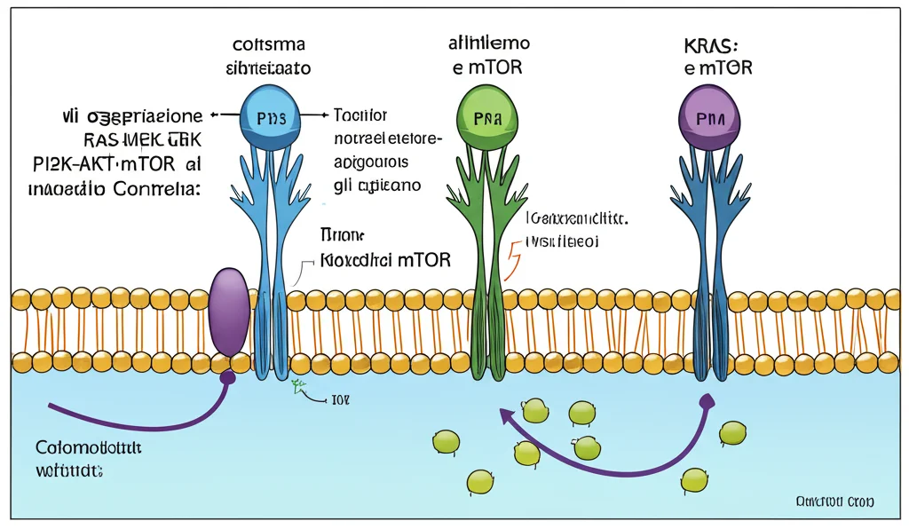 Diagramma stilizzato ma scientificamente accurato delle vie di segnalazione RAS-MEK-ERK e PI3K-AKT-mTOR all'interno di una cellula, con punti di blocco evidenziati dove agiscono gli inibitori KRAS e mTOR. Colori vivaci per distinguere i percorsi, illuminazione che mette in risalto i nodi cruciali. Obiettivo macro 100mm per dettaglio, luce controllata.
