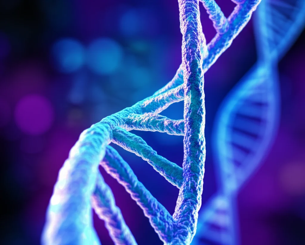Immagine concettuale di una doppia elica di DNA astratta e luminosa su uno sfondo scuro, simboleggiante la scoperta genetica. Macro lens, 100mm, high detail, con un effetto bokeh sullo sfondo per dare profondità, colori vibranti come blu elettrico e viola.