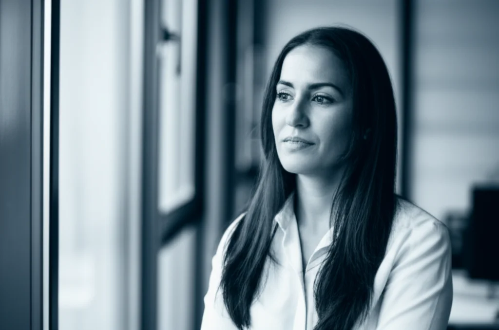 Un ritratto fotografico di una donna libanese di circa 35 anni, pensierosa ma serena, che guarda fuori da una finestra di un ufficio moderno. Luce naturale morbida che entra dalla finestra, obiettivo da 35mm, profondità di campo per sfocare leggermente lo sfondo dell'ufficio. Toni blu e grigi duotone per un'atmosfera riflessiva e professionale.