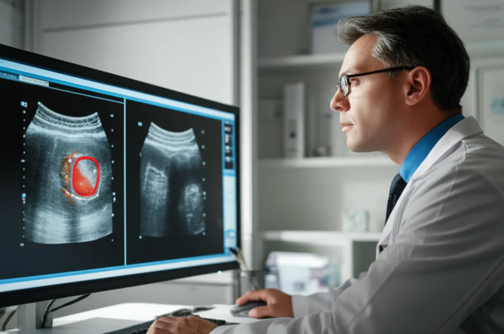 Un medico endocrinologo che esamina attentamente un'ecografia tiroidea su un monitor ad alta definizione, indicando un nodulo. L'ambiente è uno studio medico moderno e luminoso. Lente prime, 35mm, profondità di campo per mettere a fuoco il medico e lo schermo, luce naturale laterale.