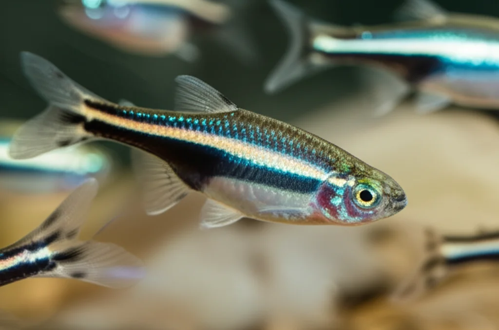 Fotografia macro di un banco di pesci zebra (Danio rerio) in un acquario da laboratorio, illuminazione controllata per evidenziare i dettagli delle pinne e dei corpi, obiettivo macro 100mm, alta definizione, messa a fuoco precisa sulle gonadi in sviluppo, suggerendo la ricerca sulla differenziazione sessuale.