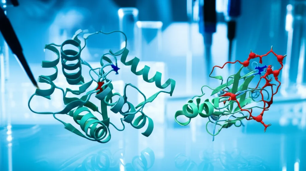 Immagine still life scientifica, obiettivo macro 60mm, che mostra modelli molecolari tridimensionali delle proteine Zglp-1 e Sf-1 con i loro domini a dito di zinco evidenziati, su un tavolo da laboratorio con pipette e provette sfocate sullo sfondo, illuminazione da studio precisa per enfatizzare le strutture proteiche, alta risoluzione.