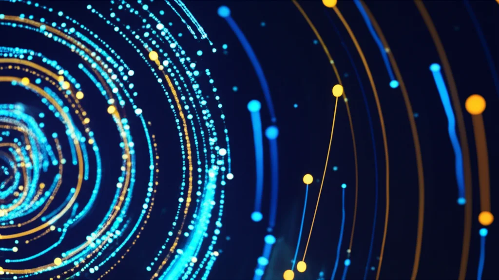 Visualizzazione astratta di flussi di dati interconnessi che rappresentano la volatilità a breve e lungo termine, con particelle luminose che si muovono su scale diverse. Macro lens 100mm, high detail, precise focusing, controlled lighting, colori principali blu elettrico e arancione su sfondo scuro.